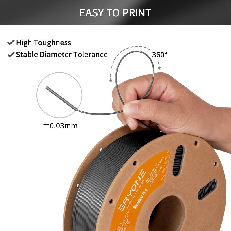 ERYONE PLA Filament 3D Printer PLA Filament 1.75mm +/- 0.03mm, PLA Filament 1KG Cardboard Spool(2.2LBS), Grey - Image 2